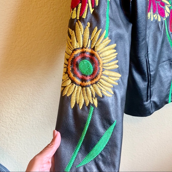 Floral Embroidered Leather Biker Jacket - Picture 6 of 8